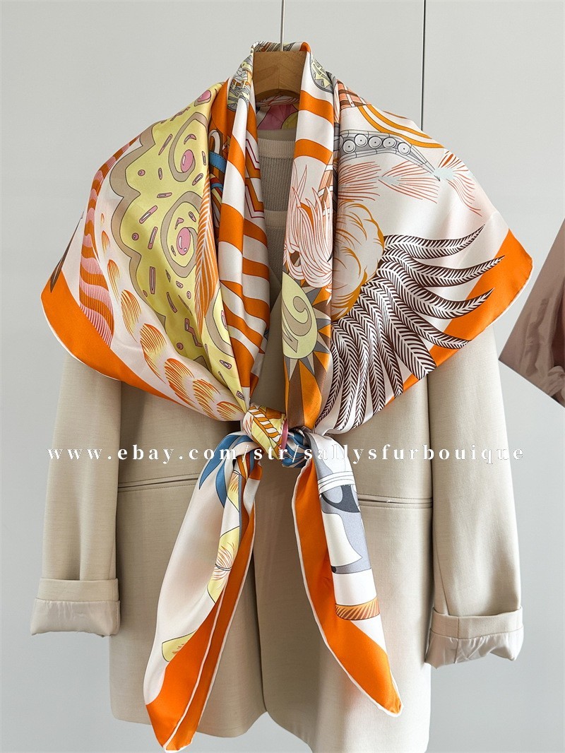 Sallys 100% Twill Silk Large Wrap Scarf Stole Feathers Print Square Shawl 135cm