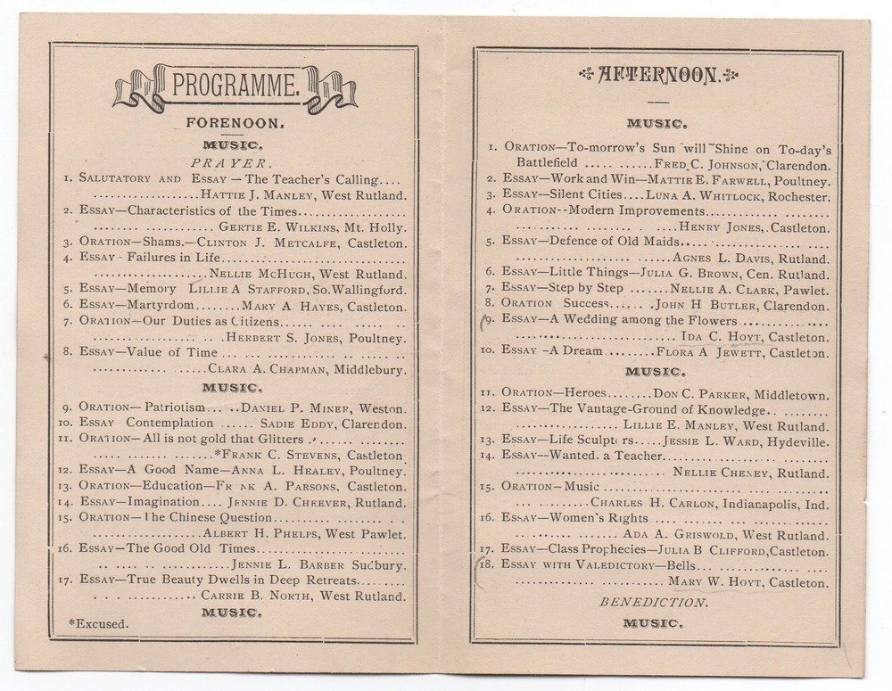 1881 Program from the Graduation of the State Normal School Castleton VT