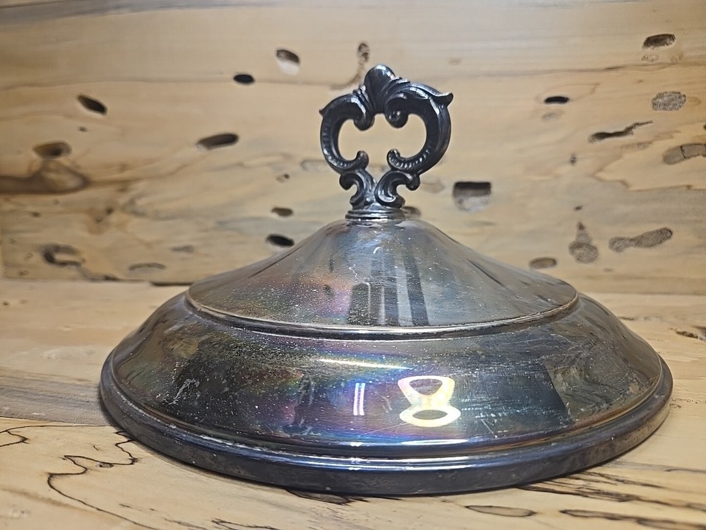 Polished Vintage Silver Plate 8.5in Lid with Ornate Handle D353