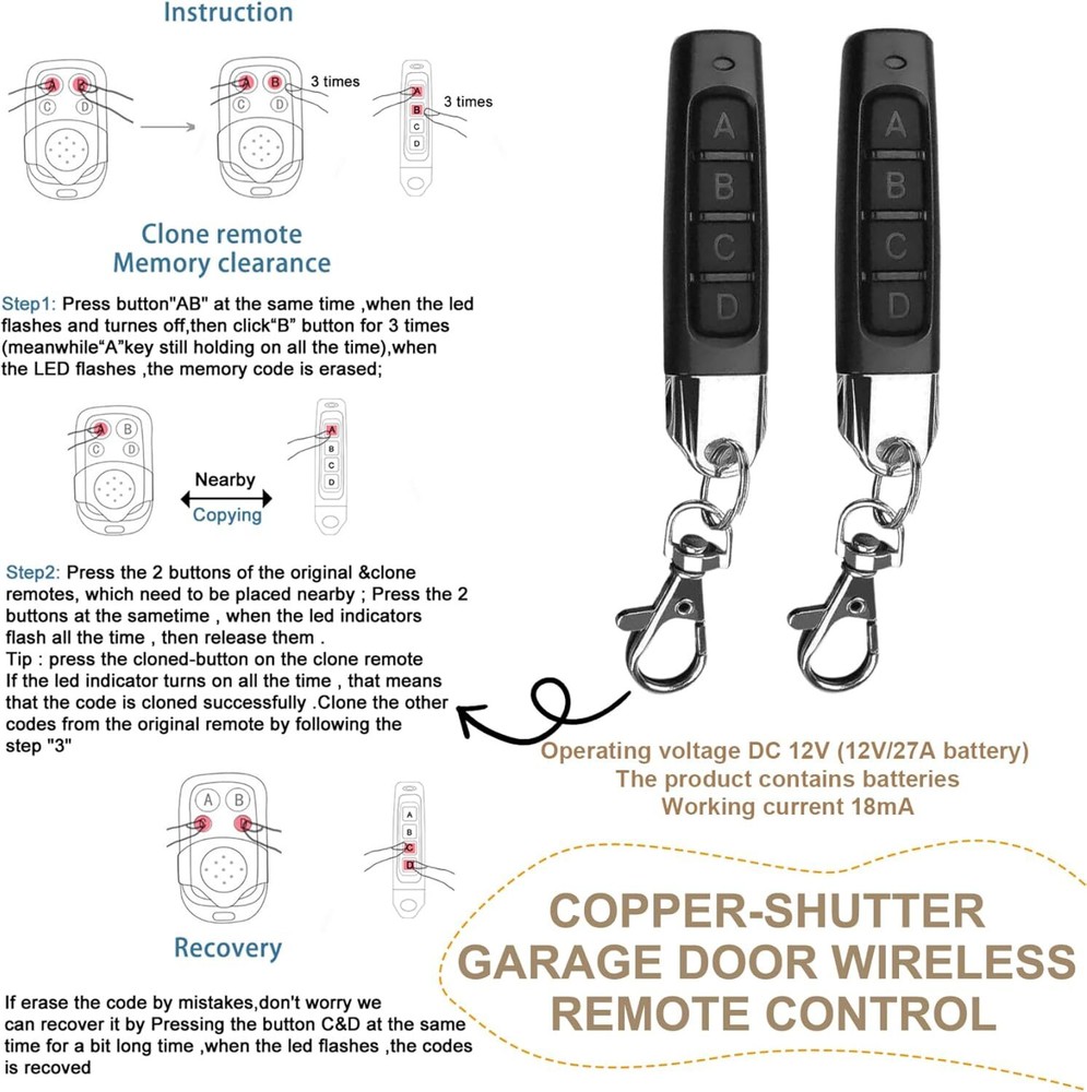 2x 4-in1 Wireless Remote Control Duplicator 433MHz Remote Control Key Clone Copy