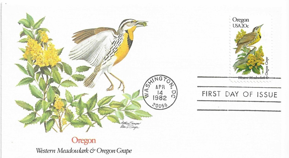 STAMP US SCOTT 1989 "Oregon State Birds & Flower" 20 CENT FDC 1982