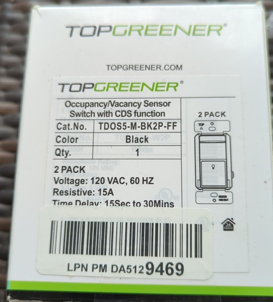 TopGreener Occupancy/Vacancy Sensor Switch TD0S5-M-BK2P-FF Black w/CDS Func. 2pk