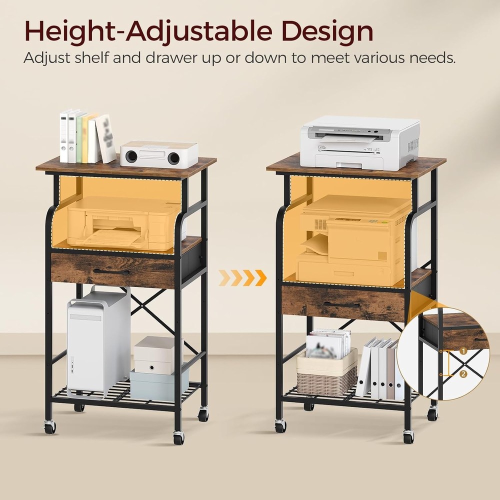 Tall Printer Stand 3 Tier Printer Cart W/ Storage Industrial Printer Table on