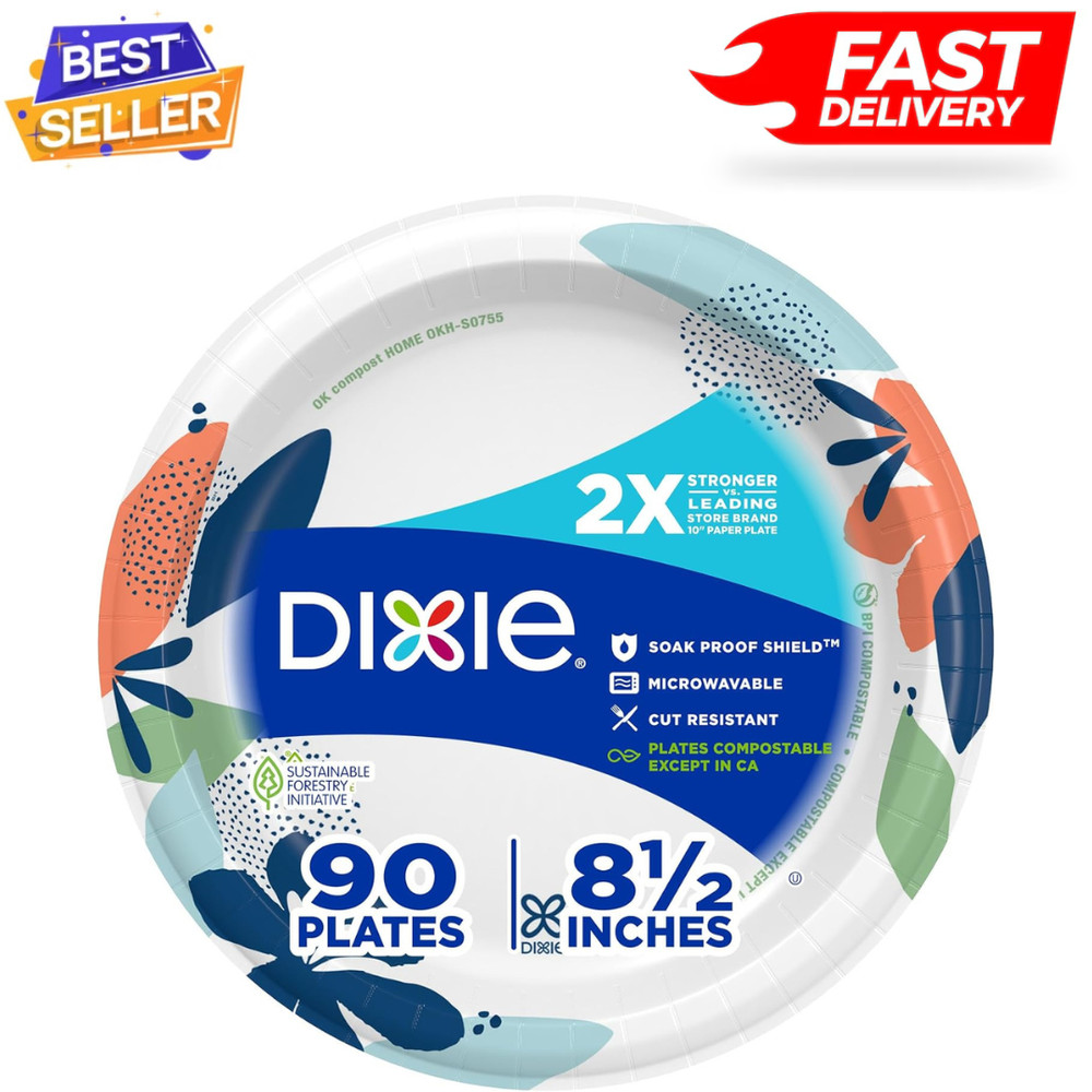 Dixie Medium Paper Plates, 8.5 Inch, 90 Count, 2X Stronger*, Microwave-Safe