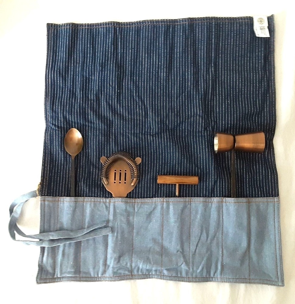 Levis Cocktail Tool Roll Set With Canvas Case & Copper Utensils Bartender Gift