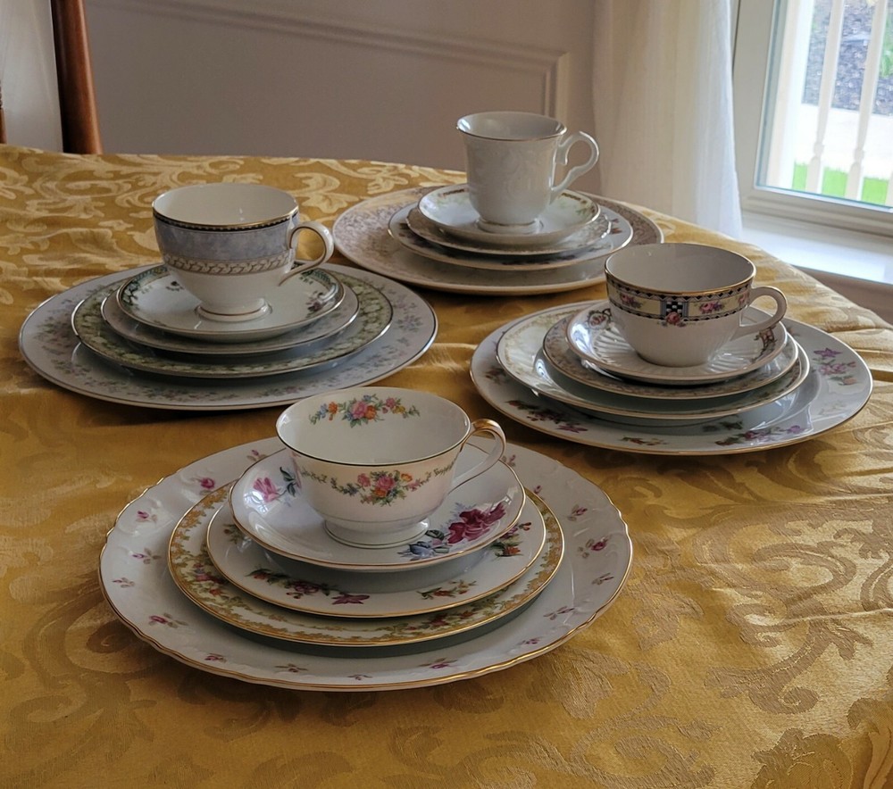 VINTAGE MISMATCHED CHINA -4 PLACE SETTINGS - FIVE PIECES EACH - MULTIPLE DESIGNS