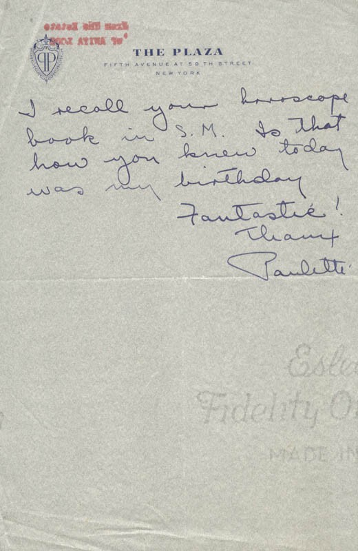 PAULETTE GODDARD - AUTOGRAPH NOTE SIGNED