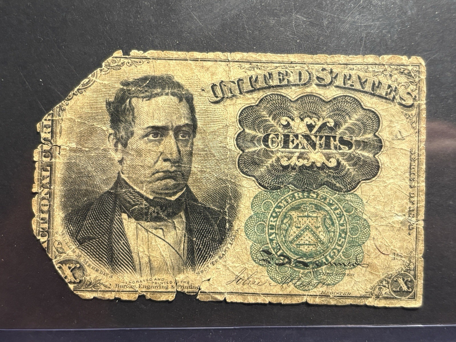 1874 10 Cents Fractional Note, Scarcer Green Seal — Circulated
