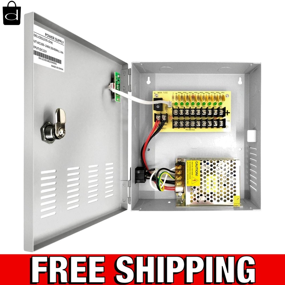 Secure 9-Channel 12 Volt CCTV Power Supply Box with AC Plug and LED Indicators