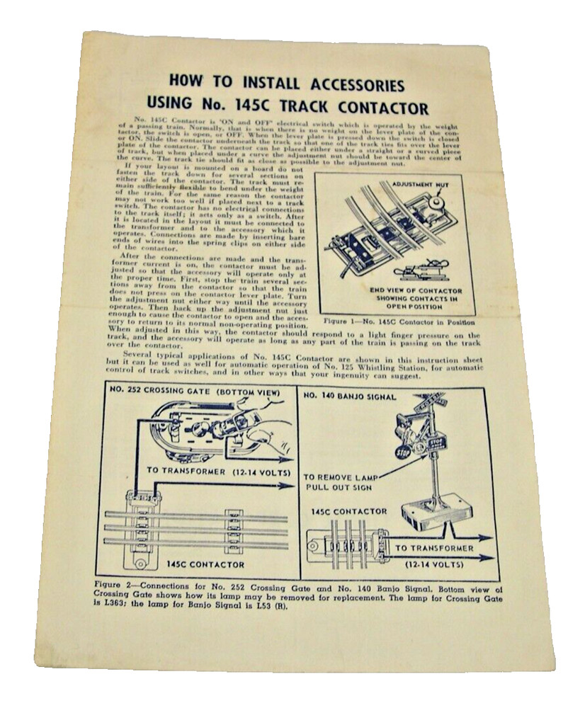 Lionel Instruction Sheet How to Install Accessories Using #145C Track Contactor