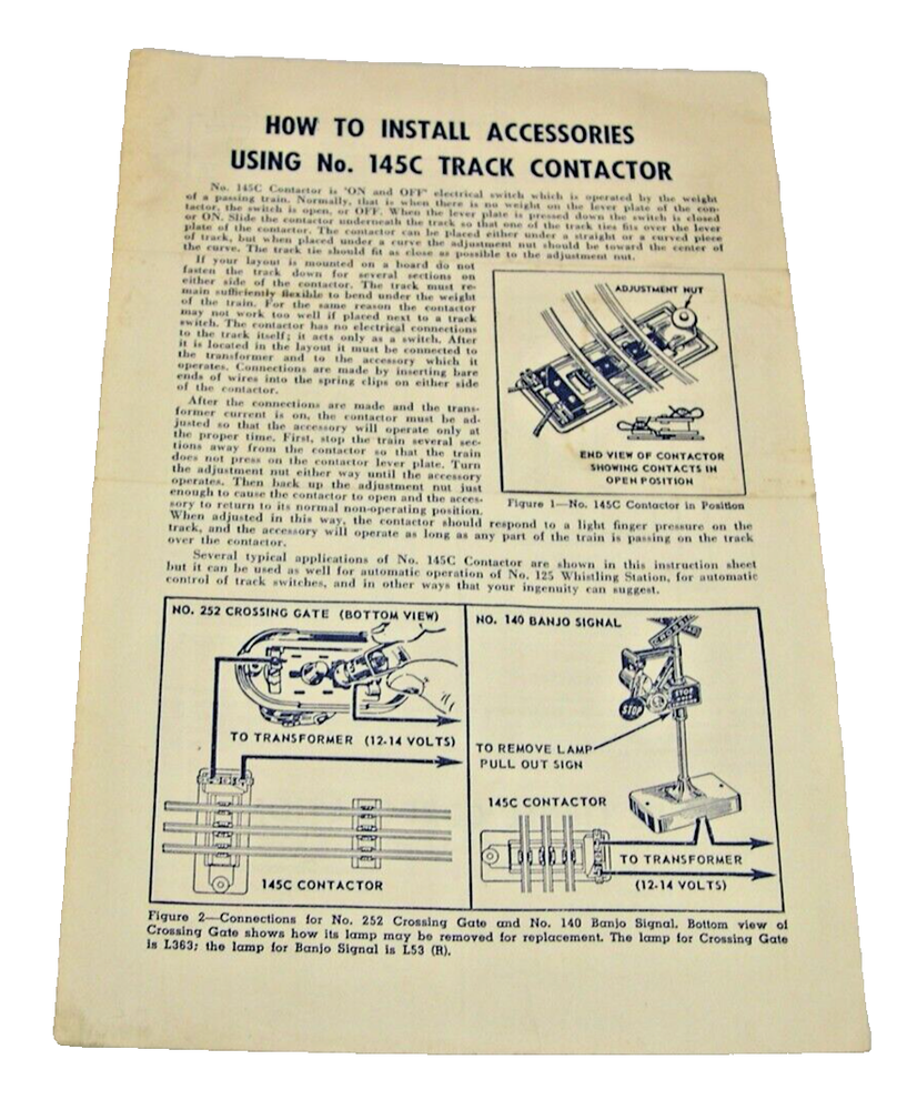 Lionel Instruction Sheet How to Install Accessories Using #145C Track Contactor
