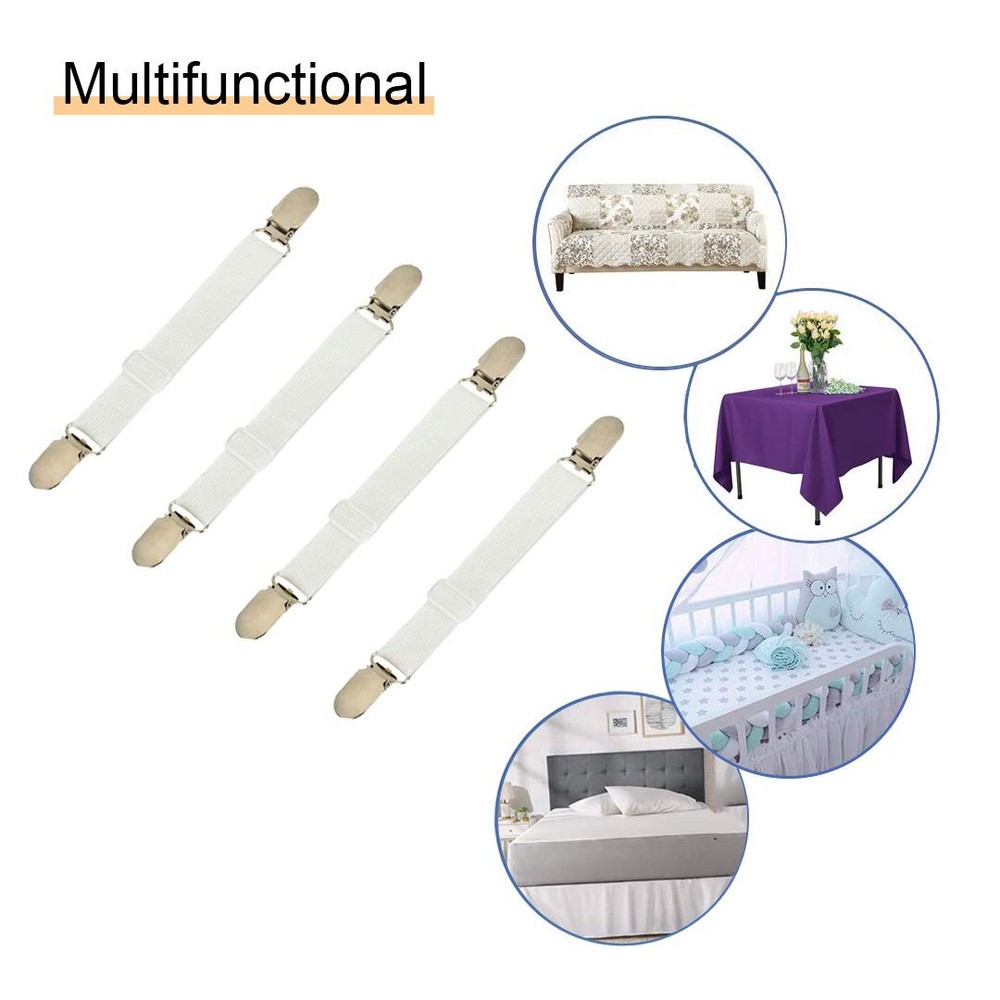 4Pcs Adjustable Bed Sheet Straps Clips, Elastic Mattress 4pcs-white