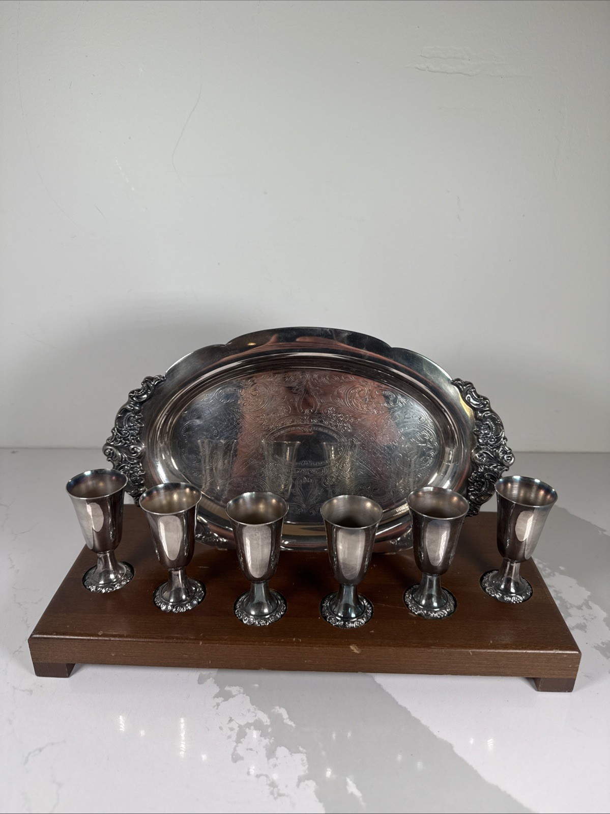 6 Wallace Cordials Shot Cups W/Wallace Baroque Silverplated Tray*