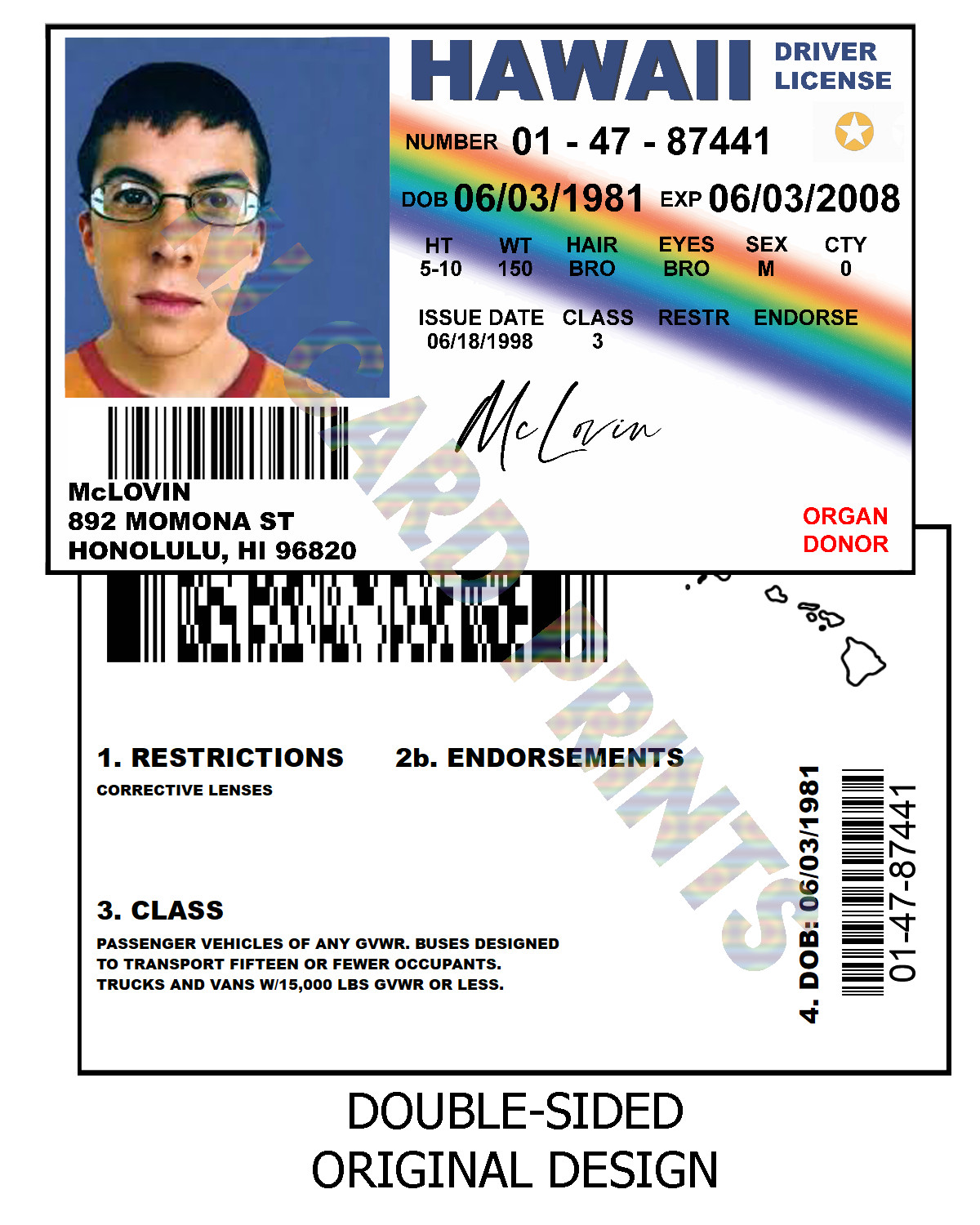 McLovin Novelty ID card / Superbad Movie / Hawaii License.  Wallet sized PVC!