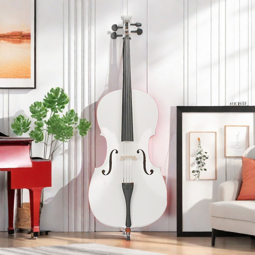 4/4 Full Size White Acoustic Cello Set, Top Grade Beginner Cello & Violoncello