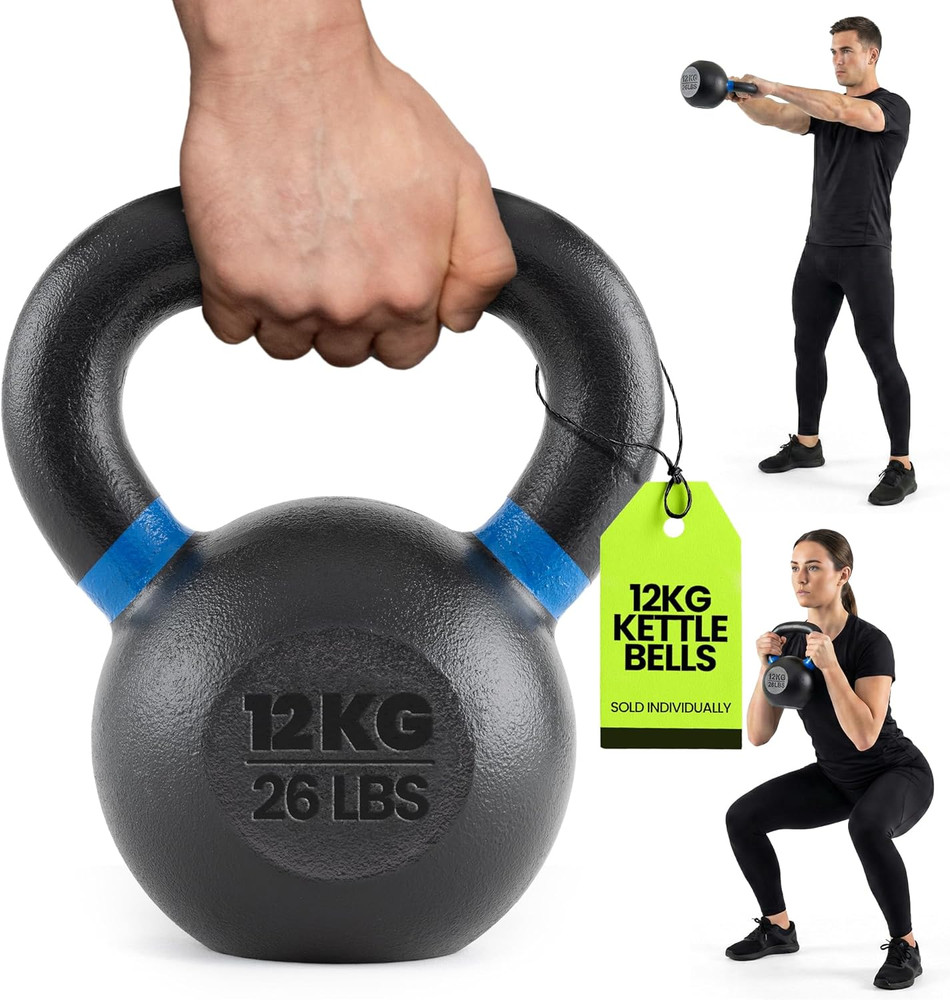Single Cast Iron Kettlebell | Powder Coated - Wide Handle Weights for Core & Glu