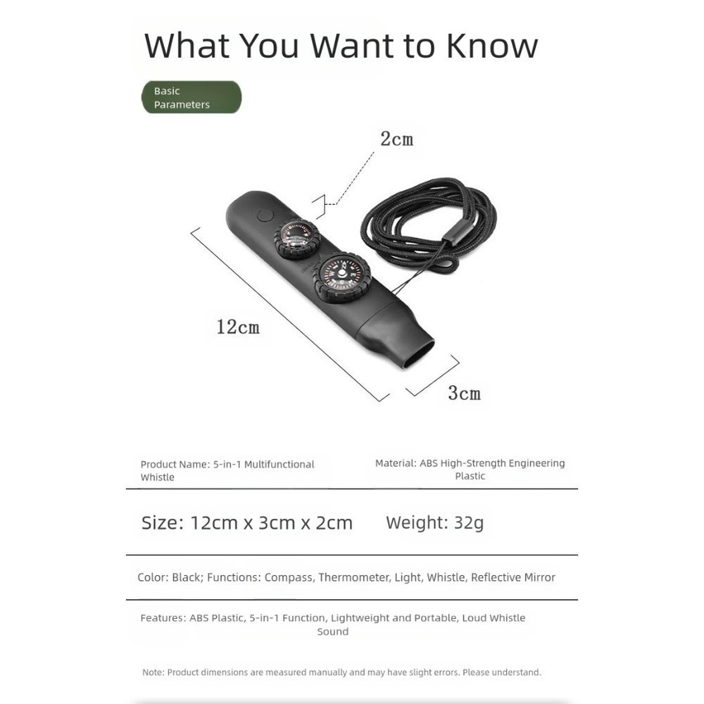 Multifunction 7 in 1 Whistle with For Compass LED Light for Hiking Safety