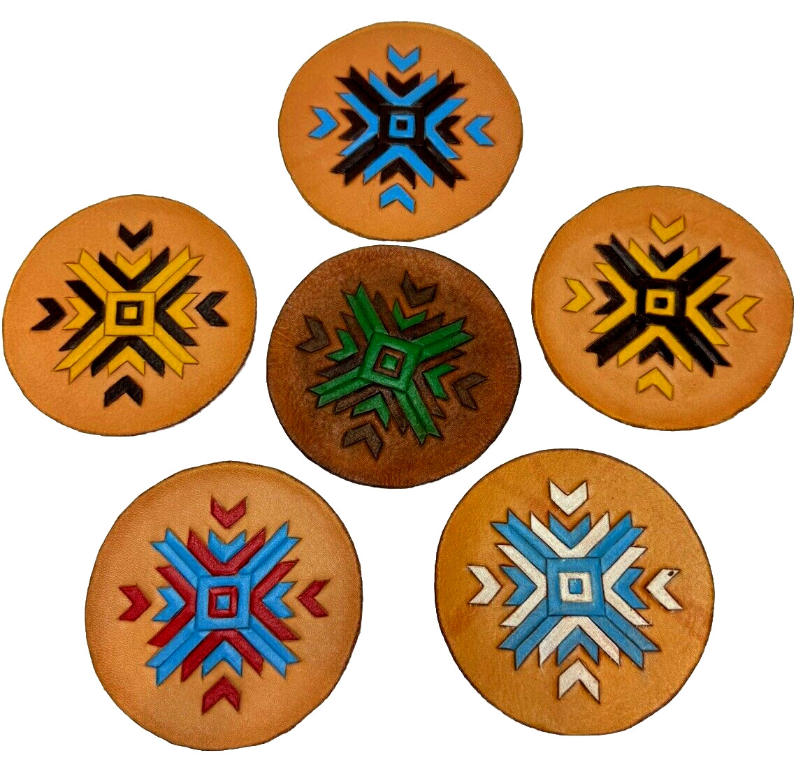 6 Vintage Native American Southwestern Style Coasters Tooled Leather Boho 3.5"