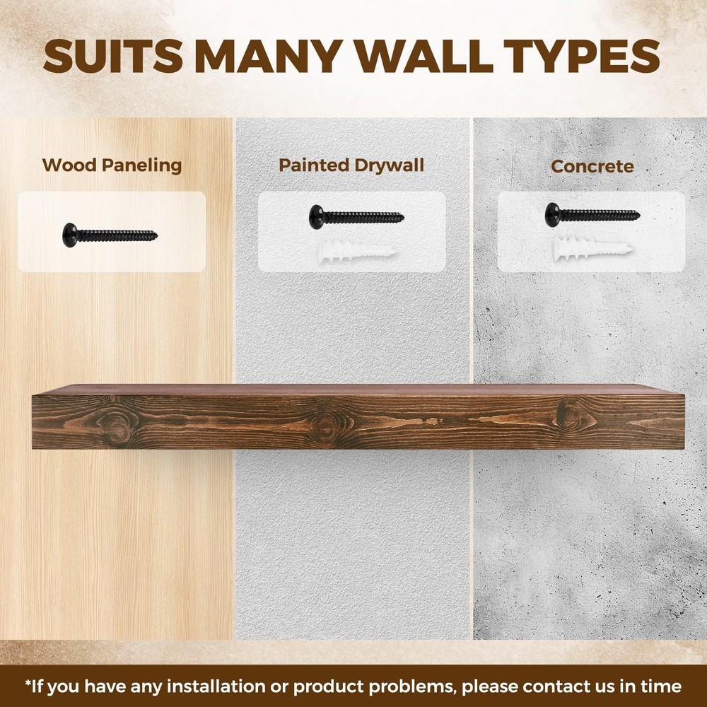 48x3x7in Solid Wood Floating Shelf – Brown Rustic Wall Mounted Fireplace M