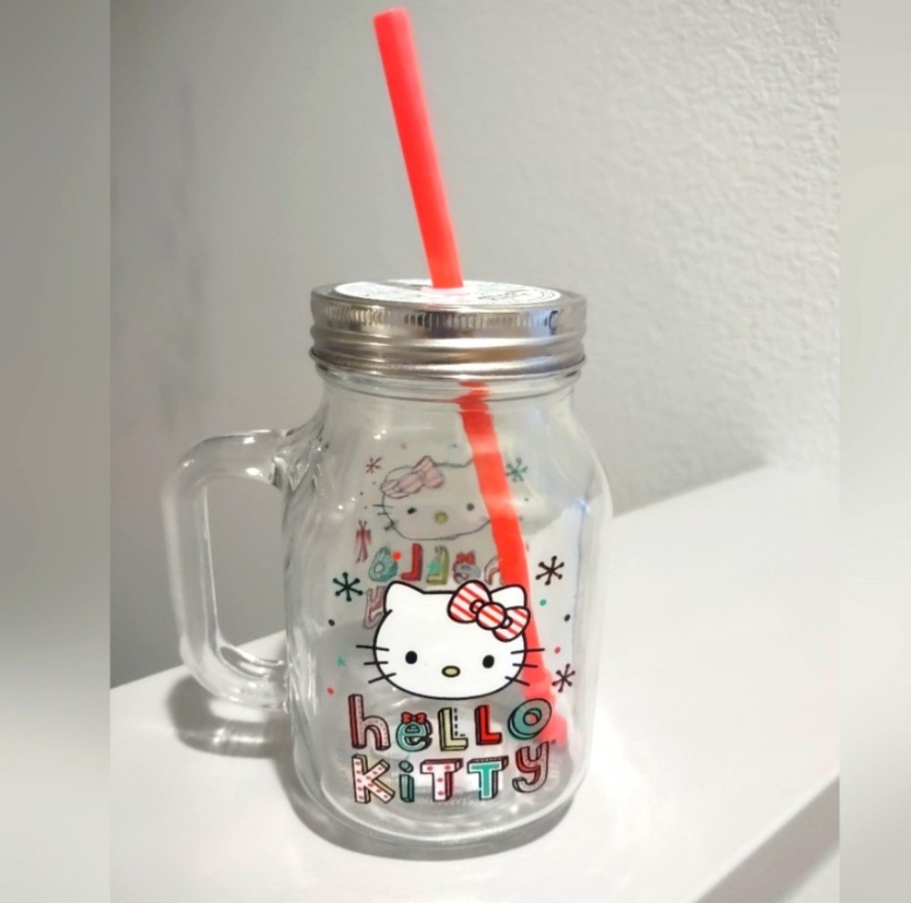 Hello Kitty Glass Mason Drinking Cup With Red Straw New