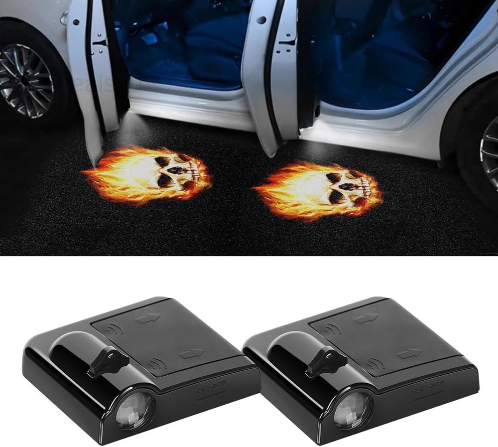2PCS Car Door Projector Lights, LED Logo Projector, Fire skull