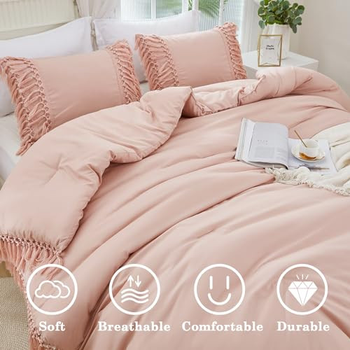 Pink Full Size Comforter Set, 3 Pieces Boho Tassel Lightweight Soft Bedding