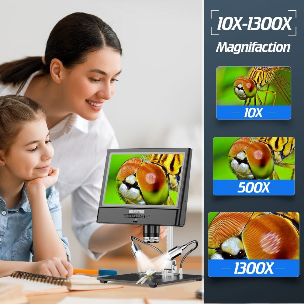 Elikliv 10'' Digital Microscope 1300X Jewelry Loupe Coin Magnifier w/ LED Light