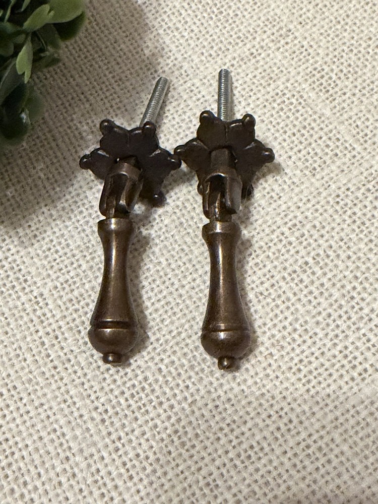 2 Antique Golden Brass Drawer Pulls Handles Teardrop Vintage Cabinet Knobs