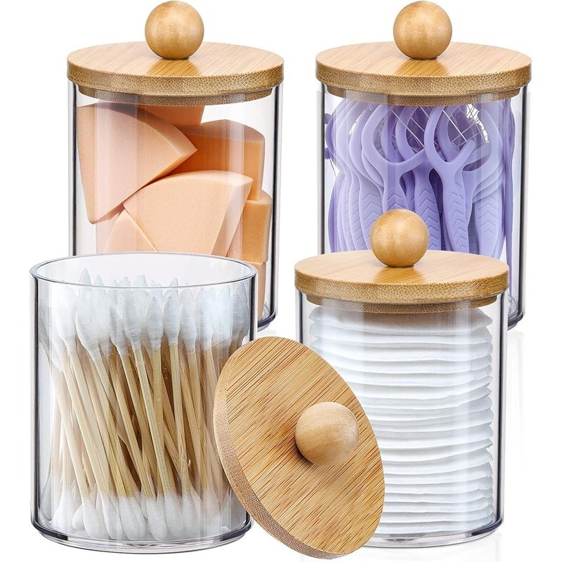 4 Pack Qtip Holder Dispenser with Bamboo Lids  10 oz Clear Plastic Jar Container