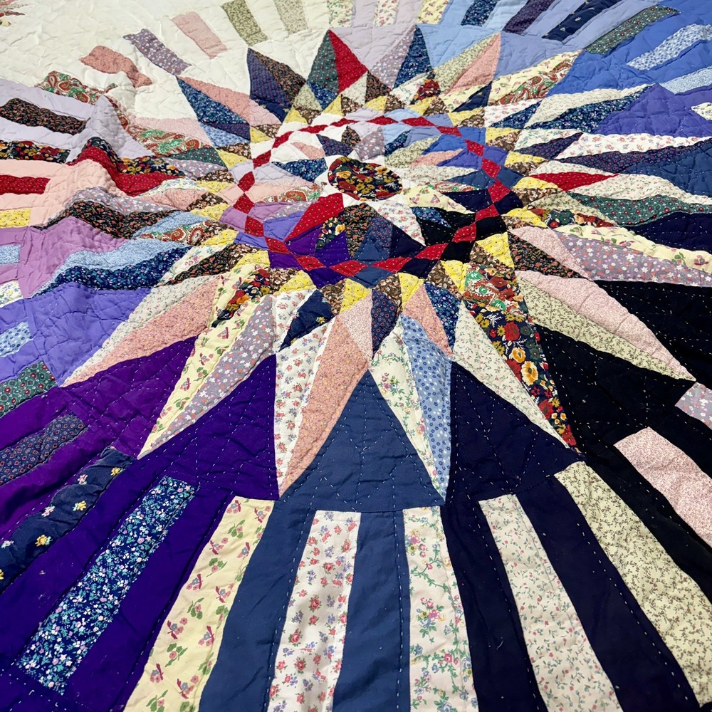 Cotton Mariners Compass Patchwork Quilt Vtg -Inspired 81”x81” See Description