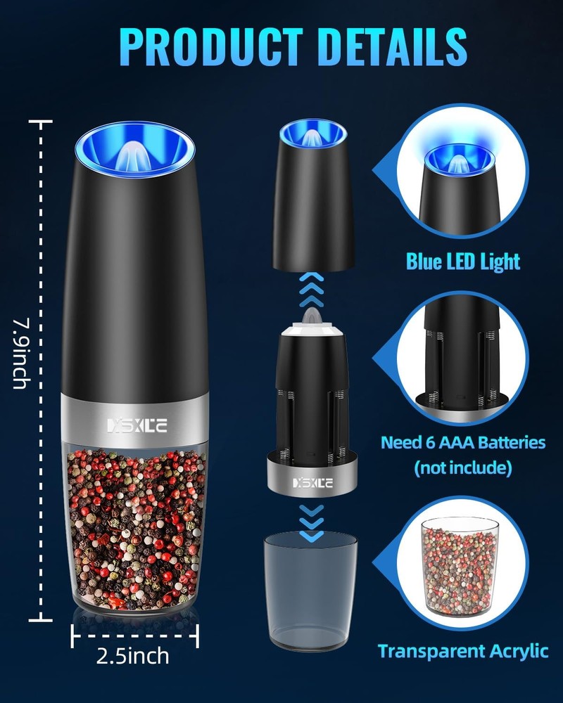 Electric Salt Pepper Grinder Set Gravity Auto Adjustable LED Battery 2Pack