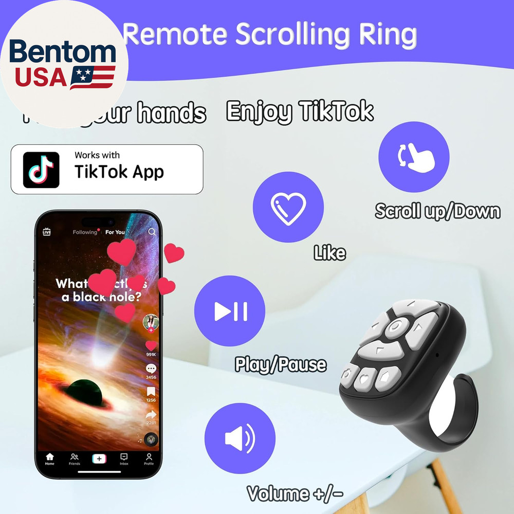 Tiktok Scrolling Ring – 8-Button Finger Tip Wireless Remote, with Camera Remote