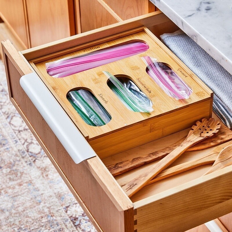 Bamboo Plastic Bag Storage Organizer Eco-Friendly Kitchen Drawer Divider New