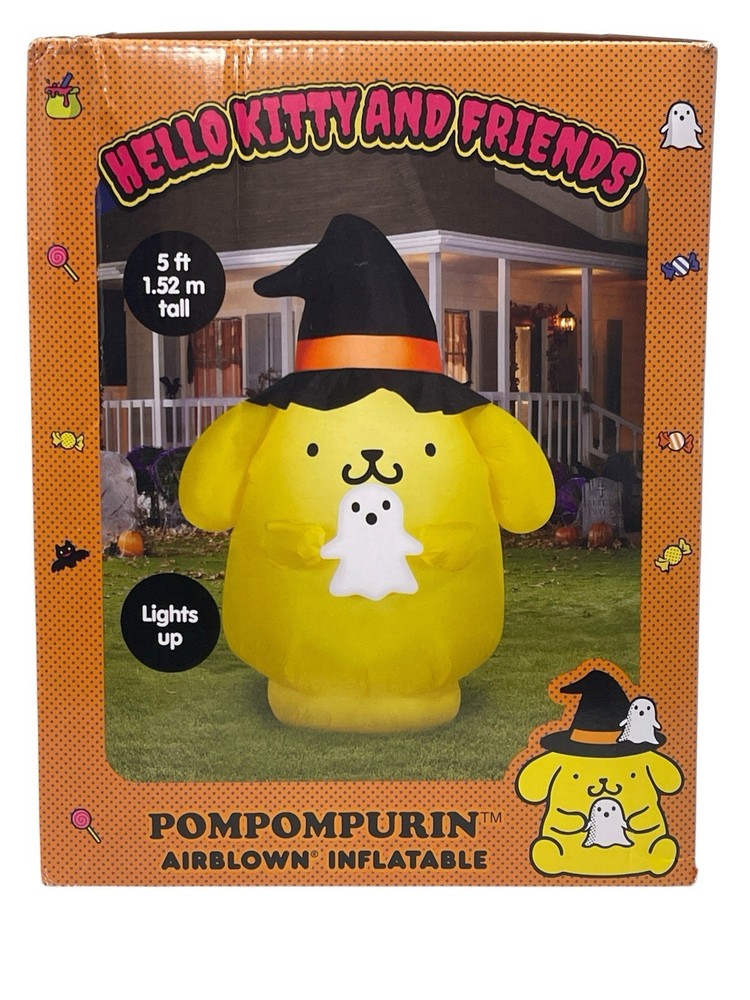 Hello Kitty Pompompurin Witch Hat & Ghost Light Up Halloween Yard Inflatable 5'