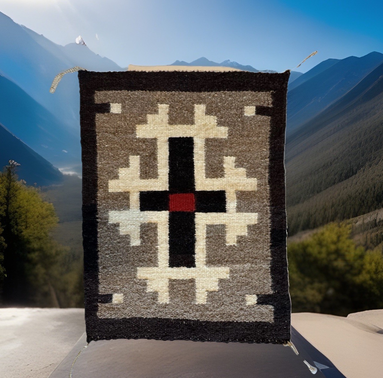 Fine Early Navajo Rug Weaving Two Grey Hills Spider Woman Cross Native American