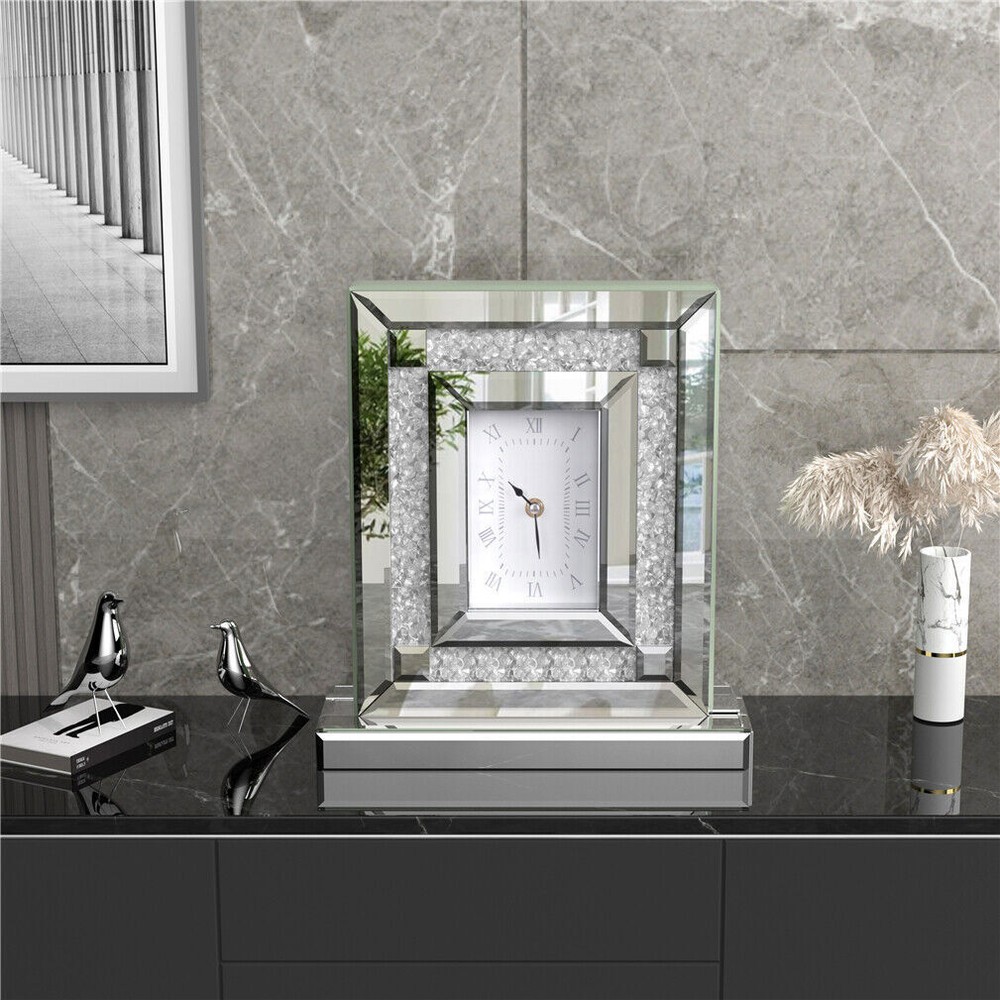 Polished Silver Table Desktop Clock Crush Diamond Surrounded Fireplace Ornaments