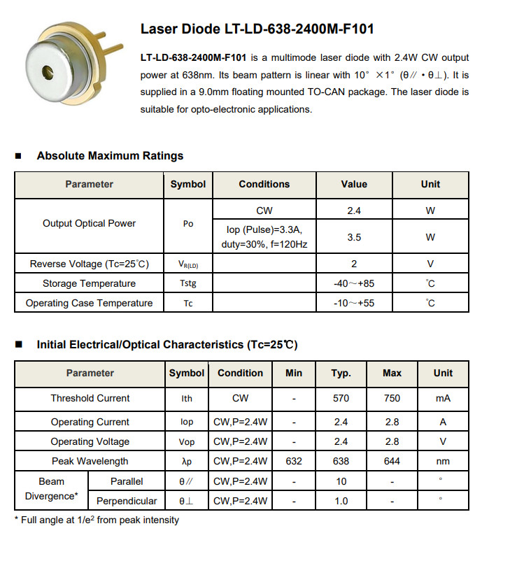 Multimode Laser Diode with 2.4W CW Output Power at 638nm