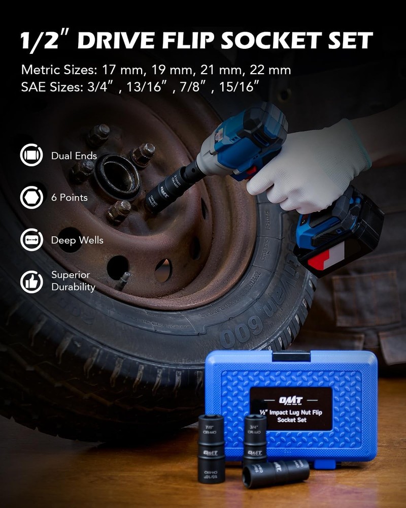 Lug Nut Socket Set, 5pc 1/2" Drive Impact Flip Sockets, Heavy Duty Tools