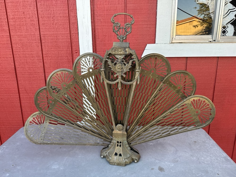 Vintage Brass Peacock Fan Fireplace Screen
