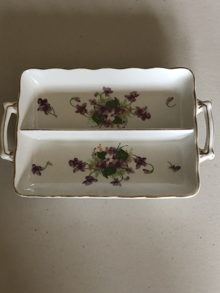 VTG PORCELAIN SWEET VIOLETS DIVIDED RECTANGULAR DOUBLE HANDLE DISH JAPAN 8”