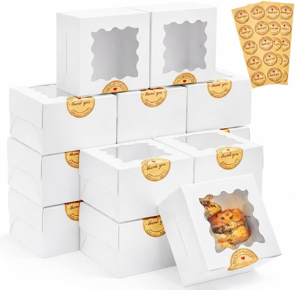 30 White Cookie Boxes with Window 4x4x2.5 Inch Bakery Boxes + Stickers