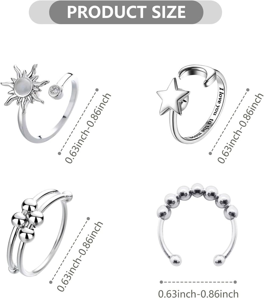 Stylish 4PCS Fidget Rings in Silver - Adjustable & Rotatable for Stress Relief