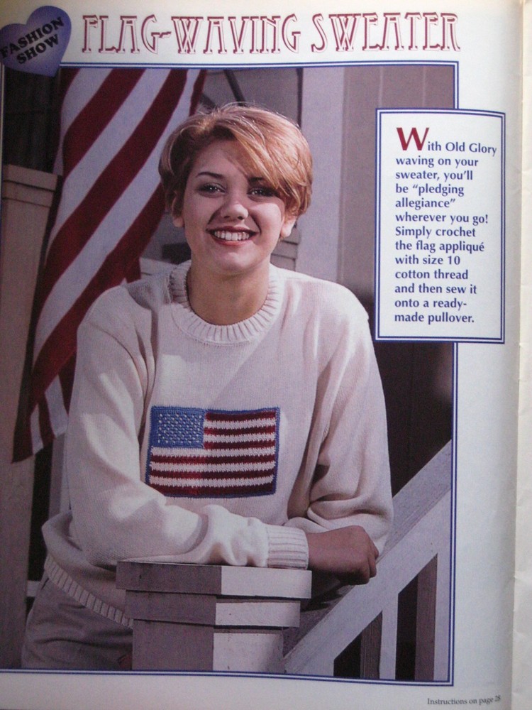 Flag waving sweater, Adults  (#598-10-28) Vintage crochet  pattern
