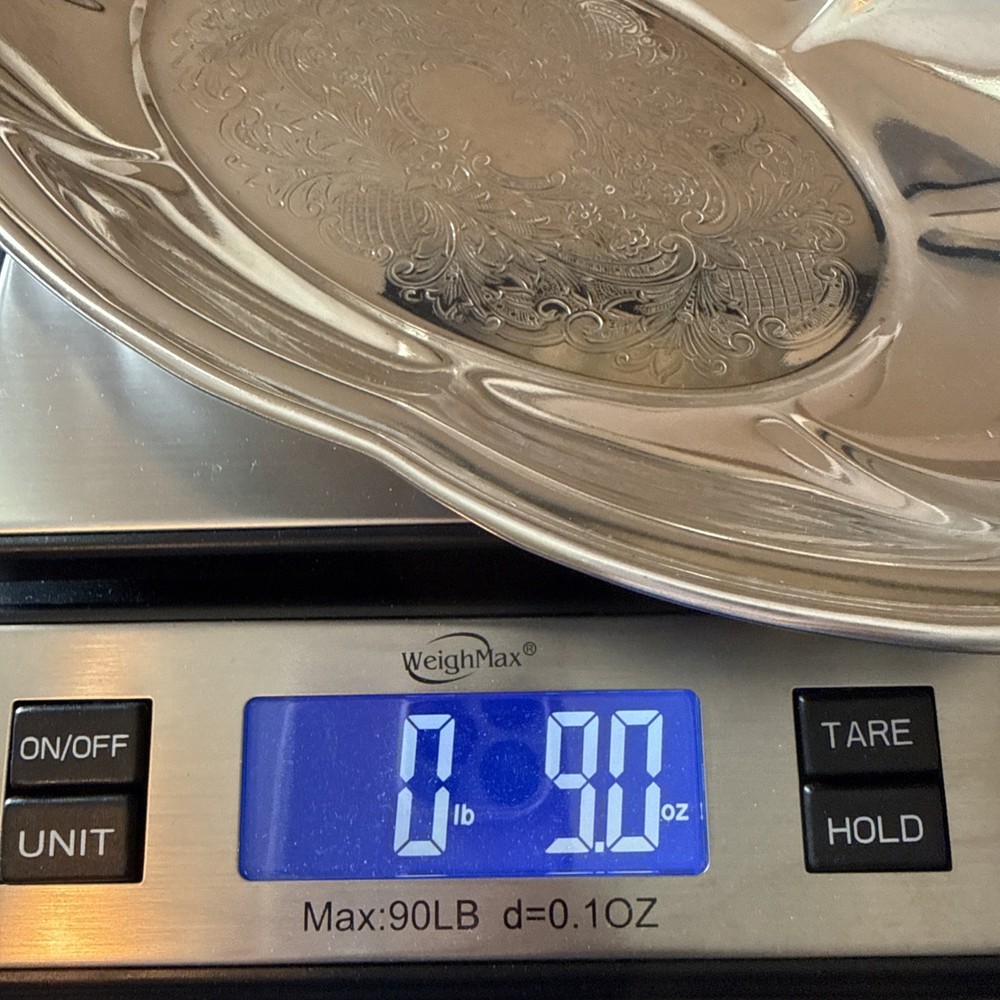 VTG Silver Plated Oval Scalloped Trinket Dish Holder 12” Etched Bottom (read)