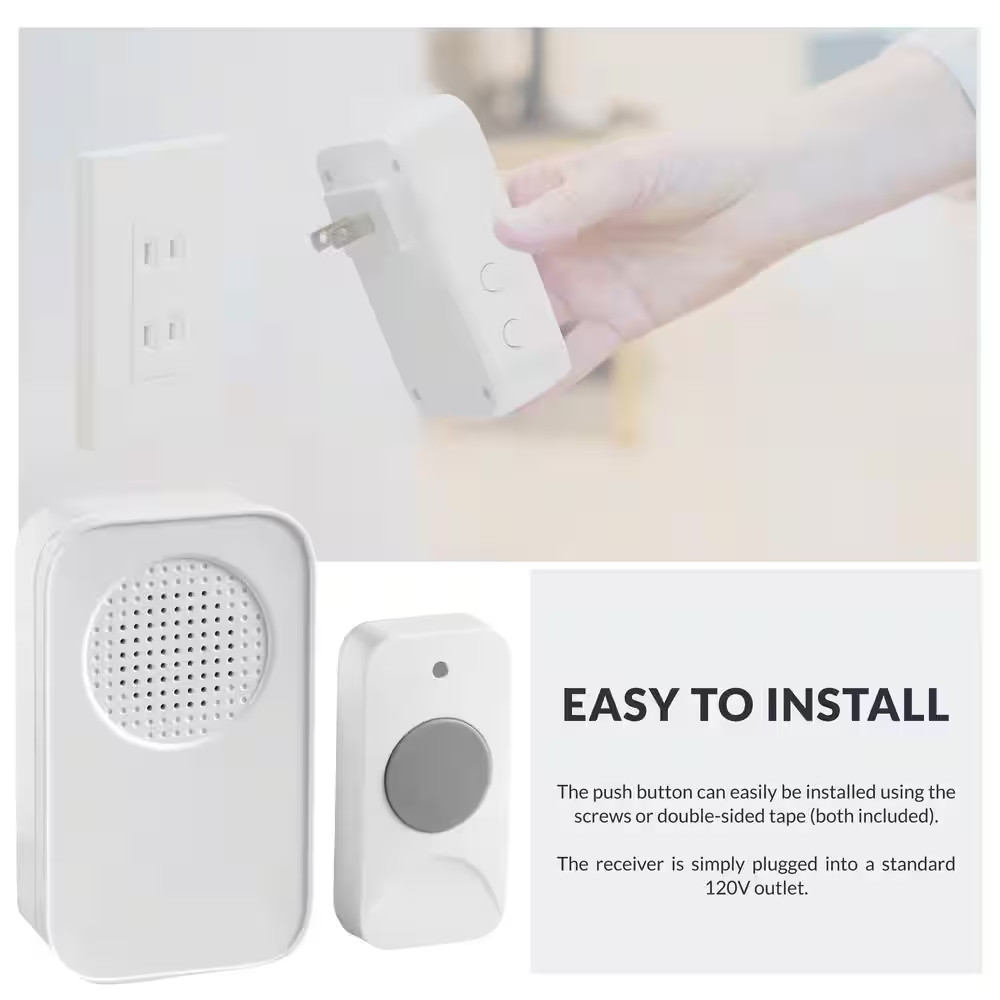 Plug-In Wireless Door Chime Kit with Remote, 150 Ft. Operating Range, Push Butto