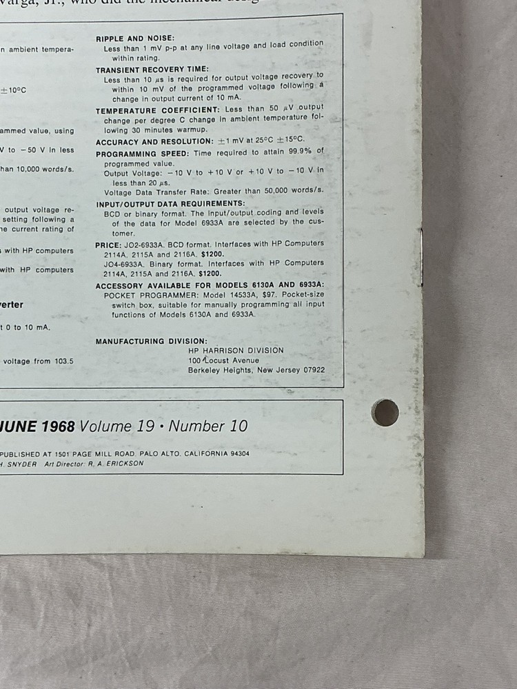 Original Hewlett Packard Journal June 1968 Volume 19 Number 10