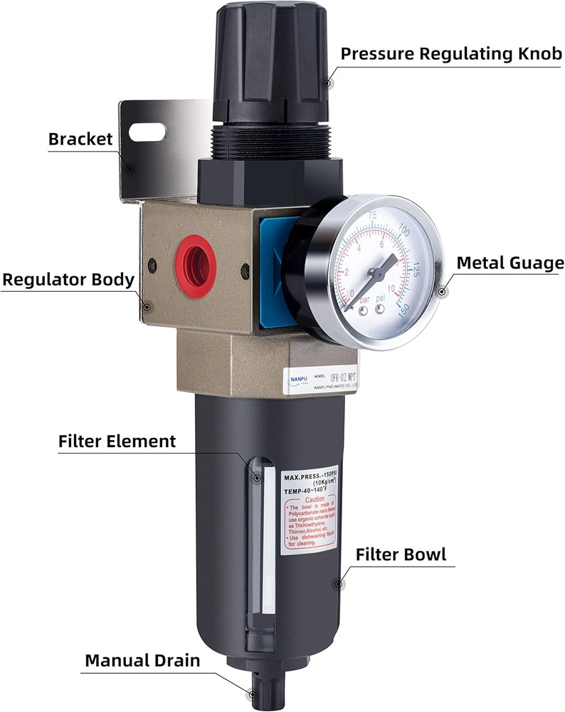 NANPU 1/4" NPT Compressed Air Filter Regulator, 5 Micron Brass Element, 0-150 Ps