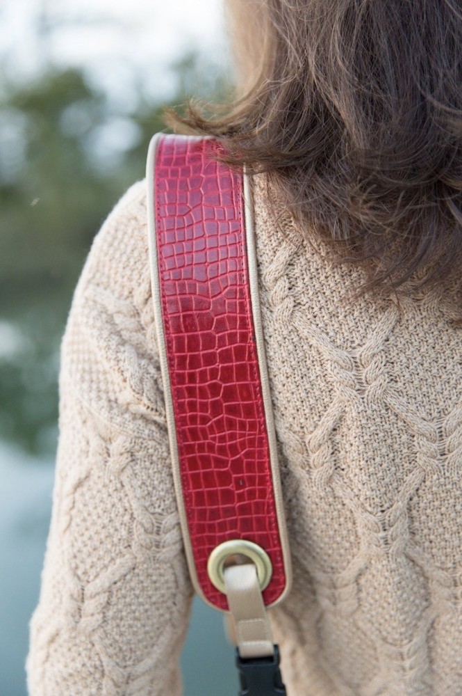 The “Red Alligator” Camera Strap: Comfort Padding, Leather Ends, Suede Backing