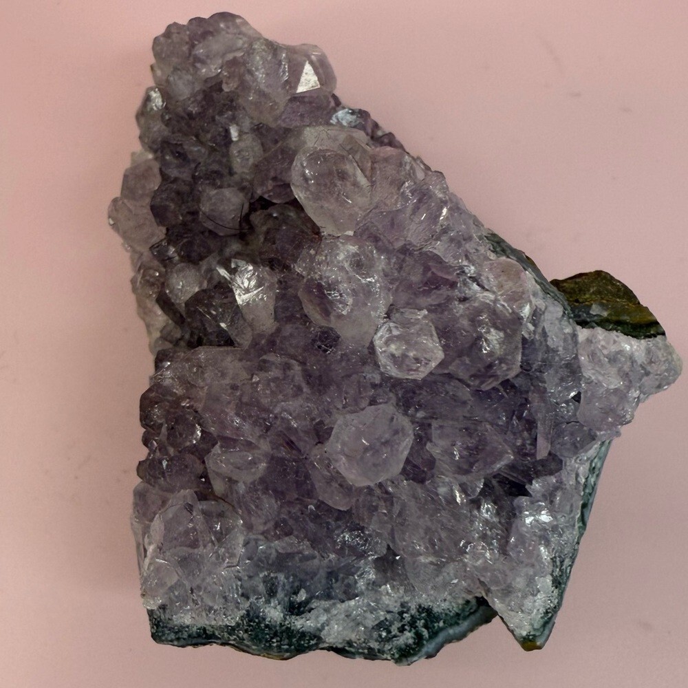 Raw Amethyst Crystal Cluster on Pink Digital Scale