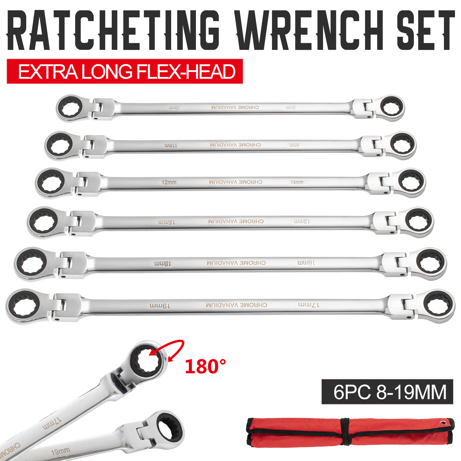6Pc 8-19mm Metric Flexible Head Ratcheting Wrench Extra Long Double Box End Set
